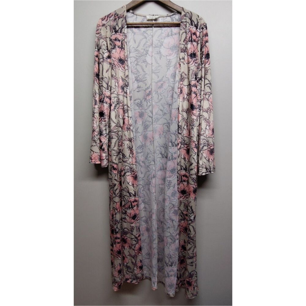 Peach Love California Maxi Cardigan Women Size L Tan Floral Velvet Open Romantic